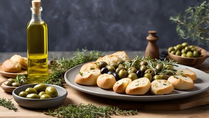 Arrange the green olives plate with thyme and aromatic herbs leaves on one side of the banner, and place a golden olive oil bottle pouring over the olives to create a visually appealing focal point. A