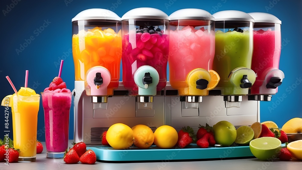 Poster populate the dispenser machine with multi-colored containers filled with different flavors of slush,