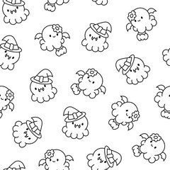 Cute kawaii happy octopus. Seamless pattern. Coloring Page. Cartoon underwater animals characters. Hand drawn style. Vector drawing. Design ornaments.