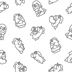 Cute kawaii happy unicorn. Seamless pattern. Coloring Page. Cartoon funny fantasy horse characters. Hand drawn style. Vector drawing. Design ornaments.