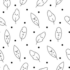 Fototapeta premium Funny kawaii leaf cartoon character. Seamless pattern. Coloring Page. Cute nature plant. Hand drawn style. Vector drawing. Design ornaments.