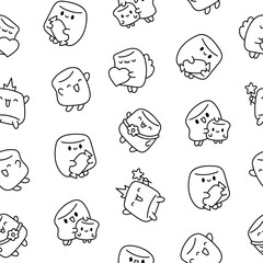 Cute marshmallow character. Seamless pattern. Coloring Page. Cartoon sweet smiling dessert. Hand drawn style. Vector drawing. Design ornaments.