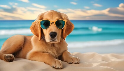 dog on the beach A golden retriever puppy with a comical expression, wearing oversized sunglasses