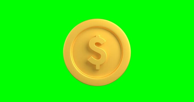 a golden coin spinning in an infinite loop, 3d animation of a coin with dollar sign spinning with green background