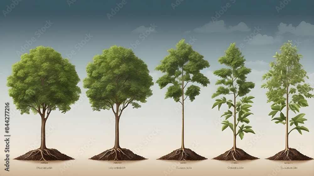 Poster illustrate the tree at different stages of growth to represent the progression of wealth accumulatio