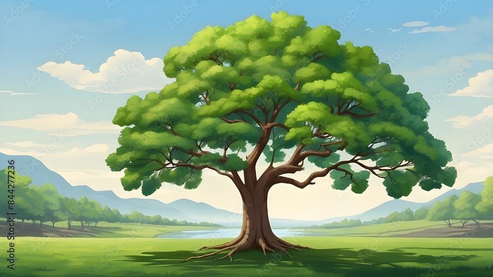 Poster illustrate a sturdy tree with a thick trunk and branches extending upward and outward. use vibrant g