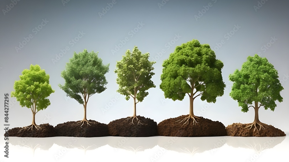 Poster illustrate the tree at different stages of growth to represent the progression of wealth accumulatio