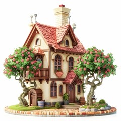 Fototapeta premium Charming Cottage with Red Roof and Flower Trees