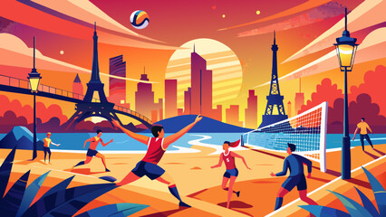 Vibrant Beach Volleyball Game Near Eiffel Tower At Sunset. 