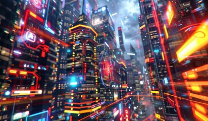 Vibrant futuristic cityscape with neon lights and towering skyscrapers, depicting a high-tech urban environment at night.
