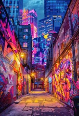Fototapeta premium Vibrant city alley filled with colorful graffiti art, illuminated by street lights, set against a backdrop of modern skyscrapers at dusk.