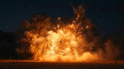A large explosion is shown in the dark sky