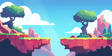 Landscape background, gaming level design backdrop gamer graphics style retro scrolling platform backgrounds, generated ai