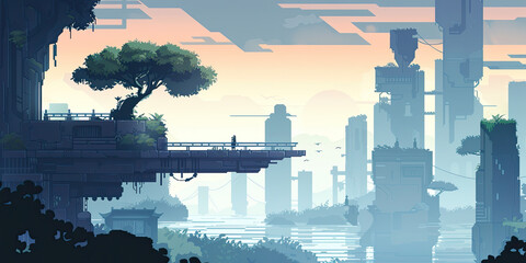 Landscape background, gaming level design backdrop gamer graphics style retro scrolling platform backgrounds, generated ai
