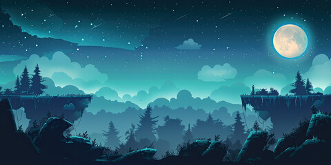 Naklejka premium Landscape background, gaming level design backdrop gamer graphics style retro scrolling platform backgrounds, generated ai