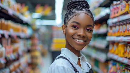 Fototapeta premium A beautiful young Black woman with braided hair smiles at the camera. working in a retail environment. The background is a store with shelves full of various products