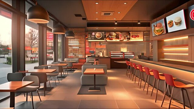 Fast food restaurant interior lighting and seats modern.