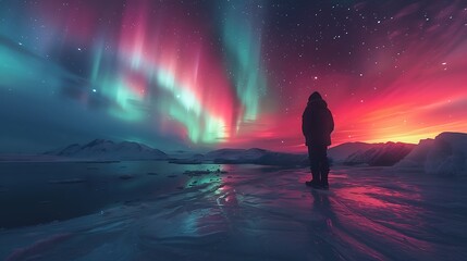 Fototapeta premium Skyward Symphony: Astrophotography Showcasing the Vibrant Colors of the Northern Lights Over Frozen Landscapes