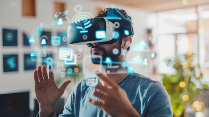 Man using virtual reality headset with digital icons interface overlay

