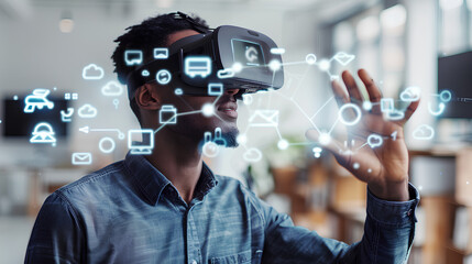 Man using virtual reality headset with digital icons interface overlay

