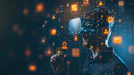 Man using virtual reality headset with digital icons interface overlay

