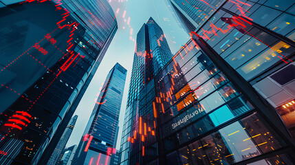 Modern skyscrapers with financial charts overlay 