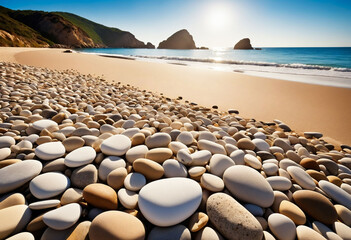 Obraz premium A sunny beach adorned with various sized smooth stones offering a relaxing setting with copy space image for text or design