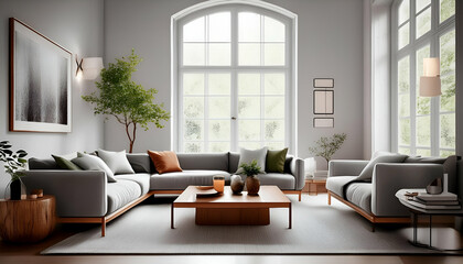modern living room, featuring sleek minimalist furniture, neutral color palette, and large windows letting in natural light background
