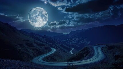  A crescent moon hanging low over a majestic mountain range at twilight. 