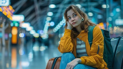 Air travel disruption leaves weary female traveler stranded at airport with baggage.