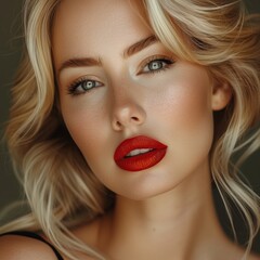 beautiful blonde woman with beautiful makeup with red lipstick