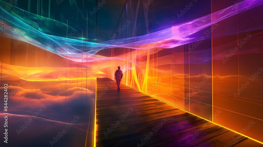 Poster 1. visualize an otherworldly art installation featuring a luminous bridge spanning between two realm
