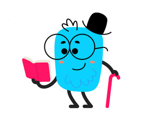 Vector cartoon illustration of cute abstract shape happy character with glasses and book in hand on white color background. Flat style child doodle design of smile geometric monster in hat