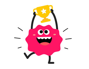 Vector cartoon illustration of cute abstract shape happy character with winner cup in hand on white color background. Flat style child doodle design of smile geometric monster. Kid character champion