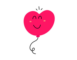 Vector cartoon illustration of cute red heart shape happy character on white color background. Flat style child doodle design of smile air balloon monster in love