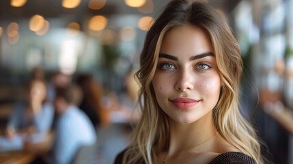 Obraz premium Beautiful young woman team leader posing with confident expression as her colleagues hold a meeting in background.