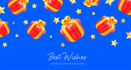 Vector illustration of fly realistic red color gift box with text and star. 3d style holiday design of pattern of present box with ribbon and golden star on blue background. Festive gift surprise