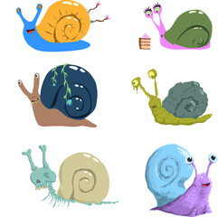 Vector illustration Six icons of different snails and zombie skeletons of different colors. Breed on NFT transparent background. 