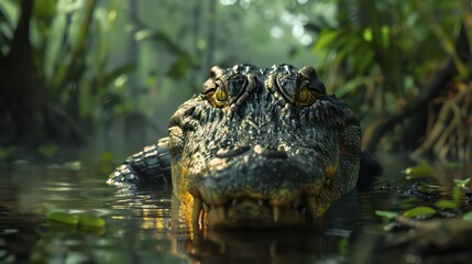 Obraz premium Alligator Lurking in the Swamp, Close-Up of an Alligator's Powerful Jaws and Teeth