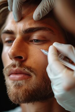beautiful man receives botox injection for facelifting. Male aesthetic medicine. Cosmetology procedure in beauty clinic