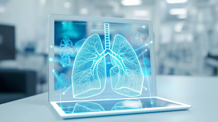 3D lung. Minimalist lab room with a large tablet laid on a table, showcasing a blue sci fi holographic