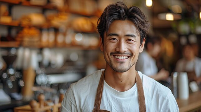 A cheerful Asian male employee in an apron works at a coffee shop, holding a tablet and looking at empty space on a white background. Represents a small business startup.