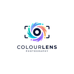 camera with colorful paint splashes on the lens for photography logo