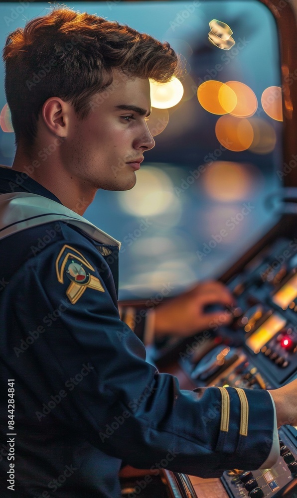 Poster a man in uniform on a ship controls the vessel. generative ai.