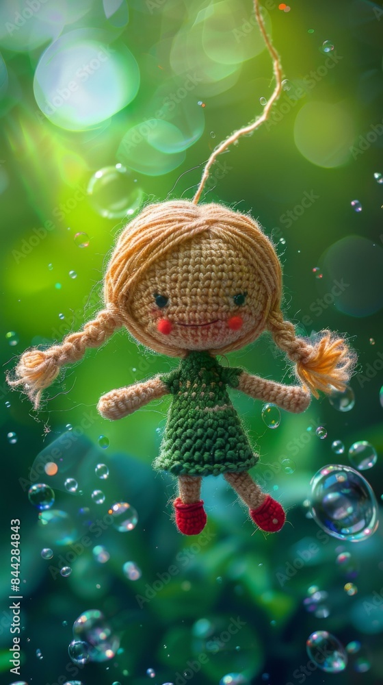 Aufkleber a small doll hanging from a string with bubbles around it. generative ai.