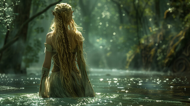 In a fantasy image, a serene elven forest surrounds a beautiful elf princess with long braided blonde hair as she wades through a river.