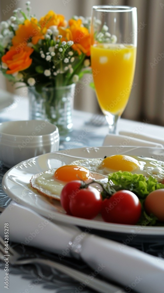 Sticker A plate of eggs, tomatoes and orange juice on a table. AI.