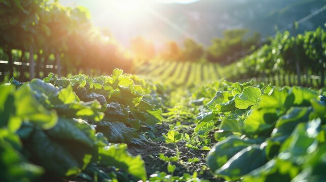 Sustainable Biodynamic Farming Landscape with Diverse Crops under Natural Sunlight, Copy Space for Text.