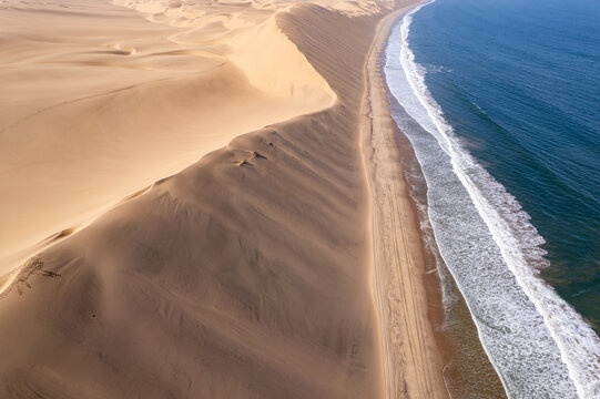 Sandwich harbour dunes, morning, sunrise landscape.. Walvis Bay Namibia Africa. Aerial photography