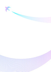 紫と水色の曲線でできた軌跡と空高く飛んでゆく鳥のイラスト